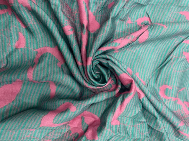 Sea Green Pink Abstract Pure Chanderi Print Fabric