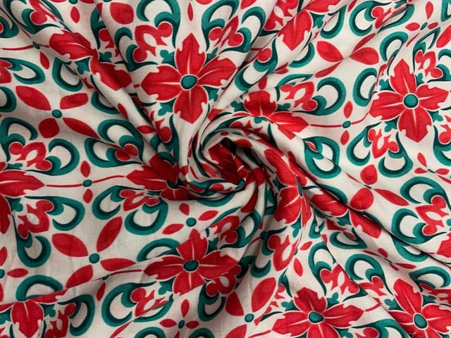 Red White Abstract Pure Chanderi Print Fabric