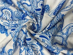 White Blue Abstract Pure Chanderi Print Fabric