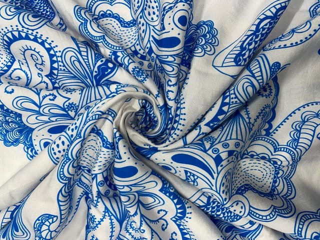 White Blue Abstract Pure Chanderi Print Fabric