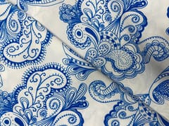 White Blue Abstract Pure Chanderi Print Fabric