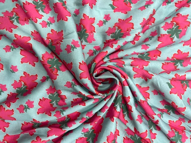 Sea Green Pink Floral Pure Chanderi Print Fabric