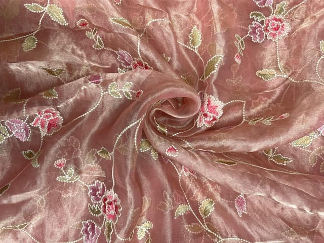 Peach Pink Floral Pure Tissue Embroidery Fabric