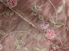 Peach Pink Floral Pure Tissue Embroidery Fabric