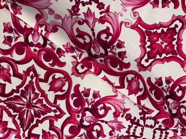 White Maroon Abstract Japanese Crepe Print Fabric