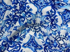 White Blue Abstract Japanese Crepe Print Fabric