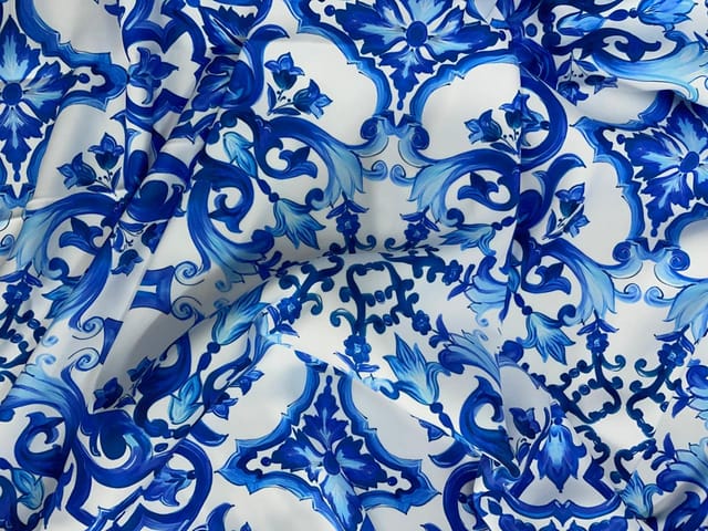 White Blue Abstract Japanese Crepe Print Fabric