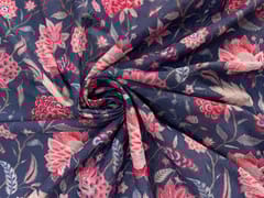 Dark Blue Pink Floral Self Lycra Printed Fabric Fabric