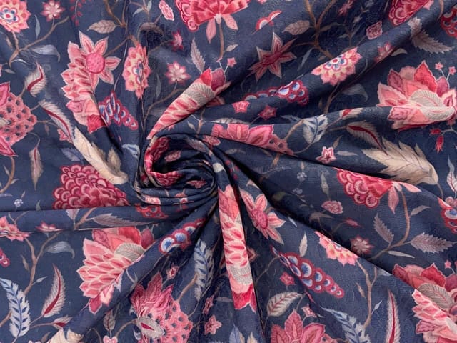 Dark Blue Pink Floral Self Lycra Printed Fabric Fabric