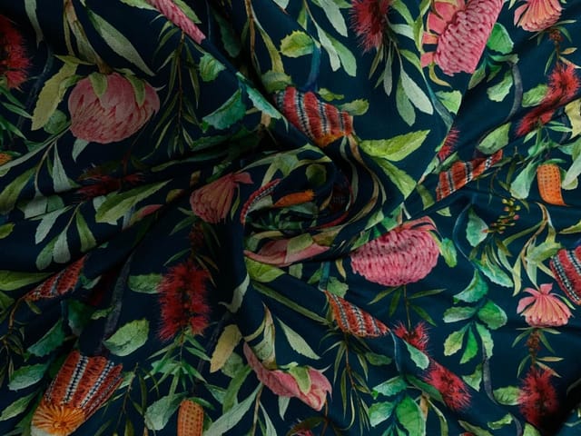 Multicolor Floral With Border Pure Crepe Fabric