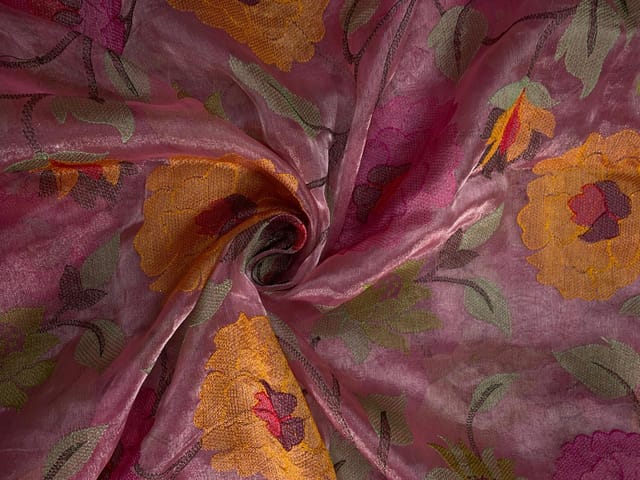 Pink Floral Pure Tissue Embroidery Fabric