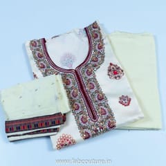 Cream Colour Satin Printed Suit With Cotton Bottom And Printed Chiffon Dupatta
