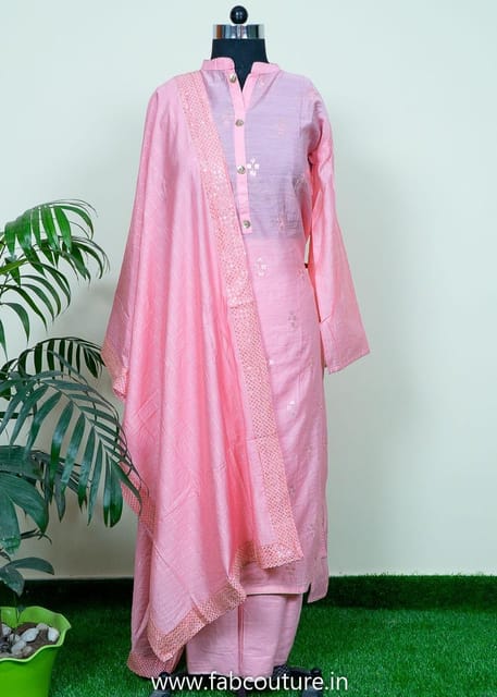 Pink Chanderi Embroidered Suit With Cotton Bottom And Chanderi Dupatta