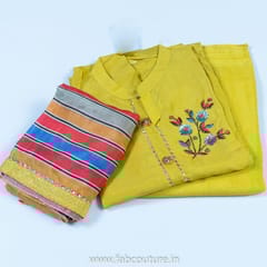 Mustard Colour Monga Silk Embroidered Suit With Shantoon Bottom And Muslin Dupatta