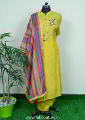 Mustard Colour Monga Silk Embroidered Suit With Shantoon Bottom And Muslin Dupatta