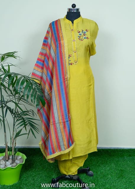 Mustard Colour Monga Silk Embroidered Suit With Shantoon Bottom And Muslin Dupatta