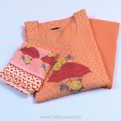 Peach Cotton Embroidered Suit With Cotton Bottom And Muslin Dupatta