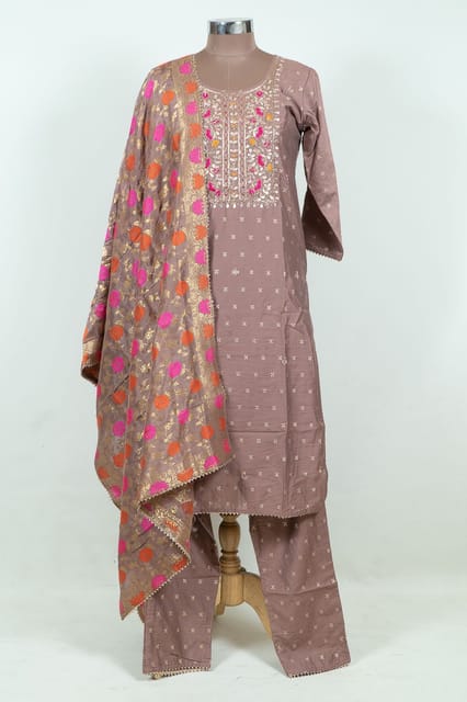 Light Brown Colour Embroidered Chanderi Jacquard Shirt with Pant and Banarsi Dupatta