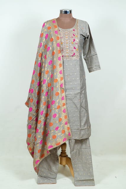 Grey Colour Embroidered Chanderi Jacquard Shirt with Pant and Banarsi Dupatta