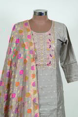 Grey Colour Embroidered Chanderi Jacquard Shirt with Pant and Banarsi Dupatta