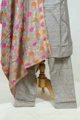 Grey Colour Embroidered Chanderi Jacquard Shirt with Pant and Banarsi Dupatta