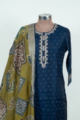 Blue Colour Embroidered Chanderi Silk Shirt with Pant and Printed Chanderi Silk Dupatta