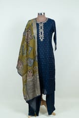 Blue Colour Embroidered Chanderi Silk Shirt with Pant and Printed Chanderi Silk Dupatta