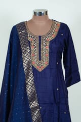 Navy Blue Colour Embroidered Dola Silk Shirt with Pant and Embroidered Chanderi Dupatta