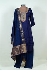 Navy Blue Colour Embroidered Dola Silk Shirt with Pant and Embroidered Chanderi Dupatta