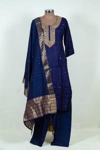 Navy Blue Colour Embroidered Dola Silk Shirt with Pant and Embroidered Chanderi Dupatta