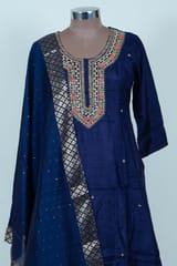 Navy Blue Colour Embroidered Dola Silk Shirt with Pant and Embroidered Chanderi Dupatta