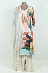 Multi Colour Print with Embroidered Dupion Silk Shirt with Pant and Chiffon Dupatta