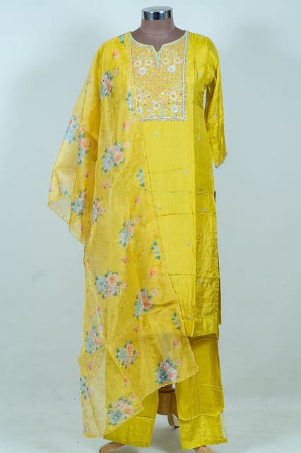 Mustard Colour Dola Silk Embroidered Shirt with Bottom Pant and Print with Embroidered Organza Dupatta
