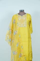 Mustard Colour Dola Silk Embroidered Shirt with Bottom Pant and Print with Embroidered Organza Dupatta