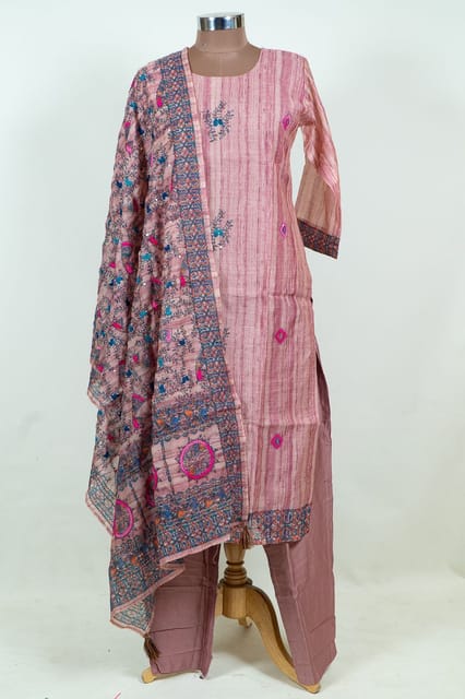 Onion Pink Colour Print with Embroidery Dola Silk Shirt with Pant and Silk Embroidered Dupatta