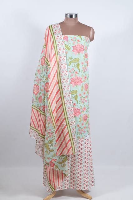 Sea Green Color Cambric Cotton Printed Suit Set with Cotton Dupatta