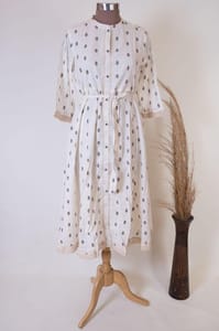 Cream Colour Ikat Dress style kurta with Belt