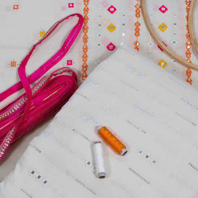 Cream Colour Cotton Embroidered Fabric with Lace and Multi Colour Cotton Embroidered Fabric DIY Set