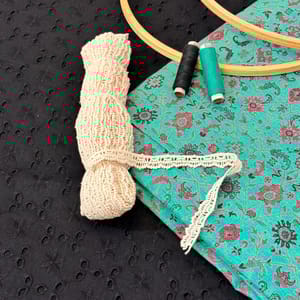 Black Colour Cotton Chikan Fabric with Lace and Multi Colour Cotton Printed Fabric DIY Set