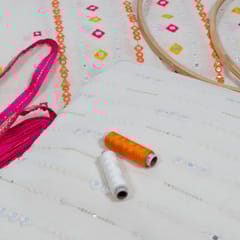 Cream Colour Cotton Embroidered Fabric with Lace and Multi Colour Cotton Embroidered Fabric DIY Set