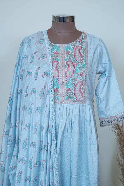 Sky Blue Colour Cotton Kurta with Pant and Dupatta Set