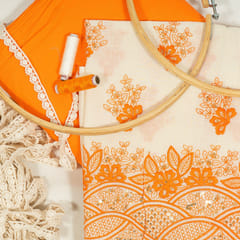 Cream Colour Cotton Embroidered Fabric with Lace and Orange Colour Cotton Cambric Fabric DIY Set