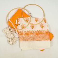 Cream Colour Cotton Embroidered Fabric with Lace and Orange Colour Cotton Cambric Fabric DIY Set