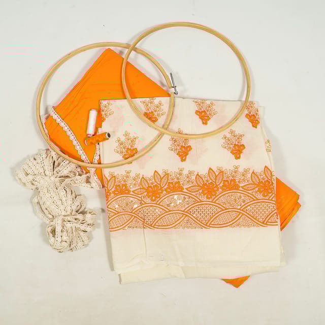 Cream Colour Cotton Embroidered Fabric with Lace and Orange Colour Cotton Cambric Fabric DIY Set