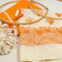 Cream Colour Cotton Embroidered Fabric with Lace and Orange Colour Cotton Cambric Fabric DIY Set