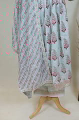 Sky Blue Colour Cotton Printed Kurta with Pant and Dupatta Set