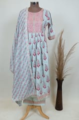 Sky Blue Colour Cotton Printed Kurta with Pant and Dupatta Set