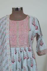 Sky Blue Colour Cotton Printed Kurta with Pant and Dupatta Set