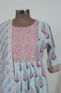 Sky Blue Colour Cotton Printed Kurta with Pant and Dupatta Set