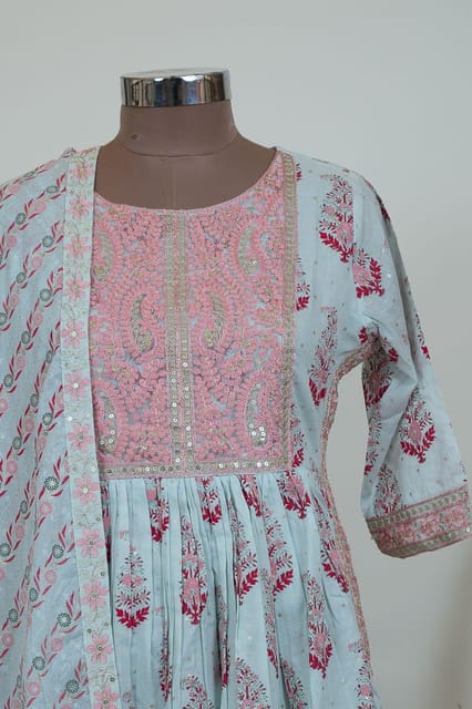 Sky Blue Colour Cotton Printed Kurta with Pant and Dupatta Set